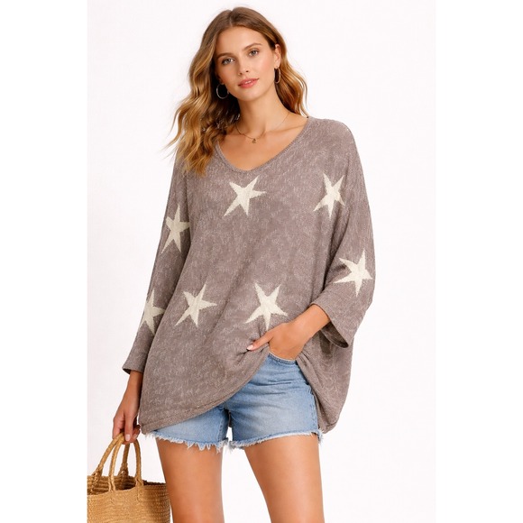 Gigio Plus Sweaters - Gigio Plus Womens 1XL Star Print Oversized V-Neck Sweater Mauve PC1400